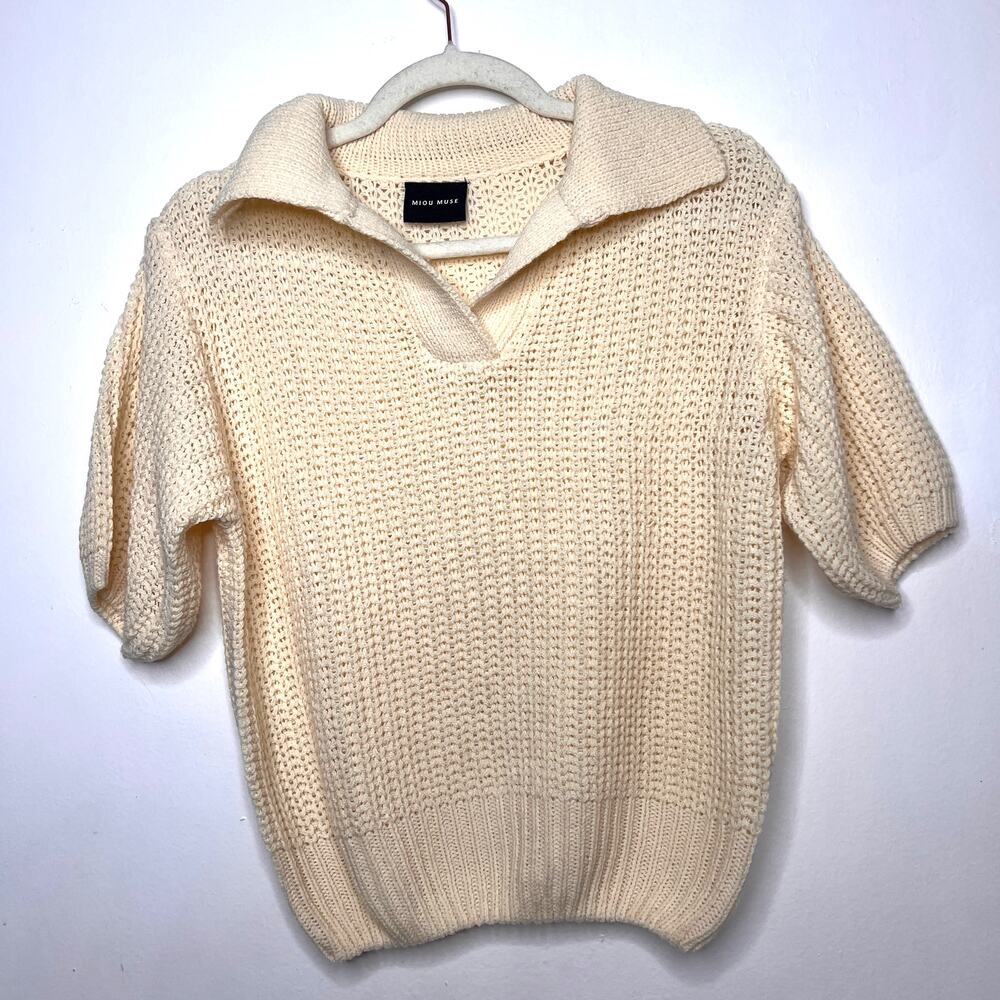 MIOU MUSE Cream Open Knit Short Sleeve Polo Sweater Size S